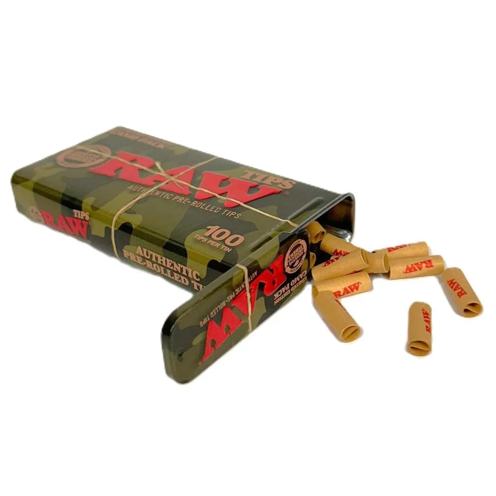 100 Raw Pre-Rolled Tips In A Camo Style Tin