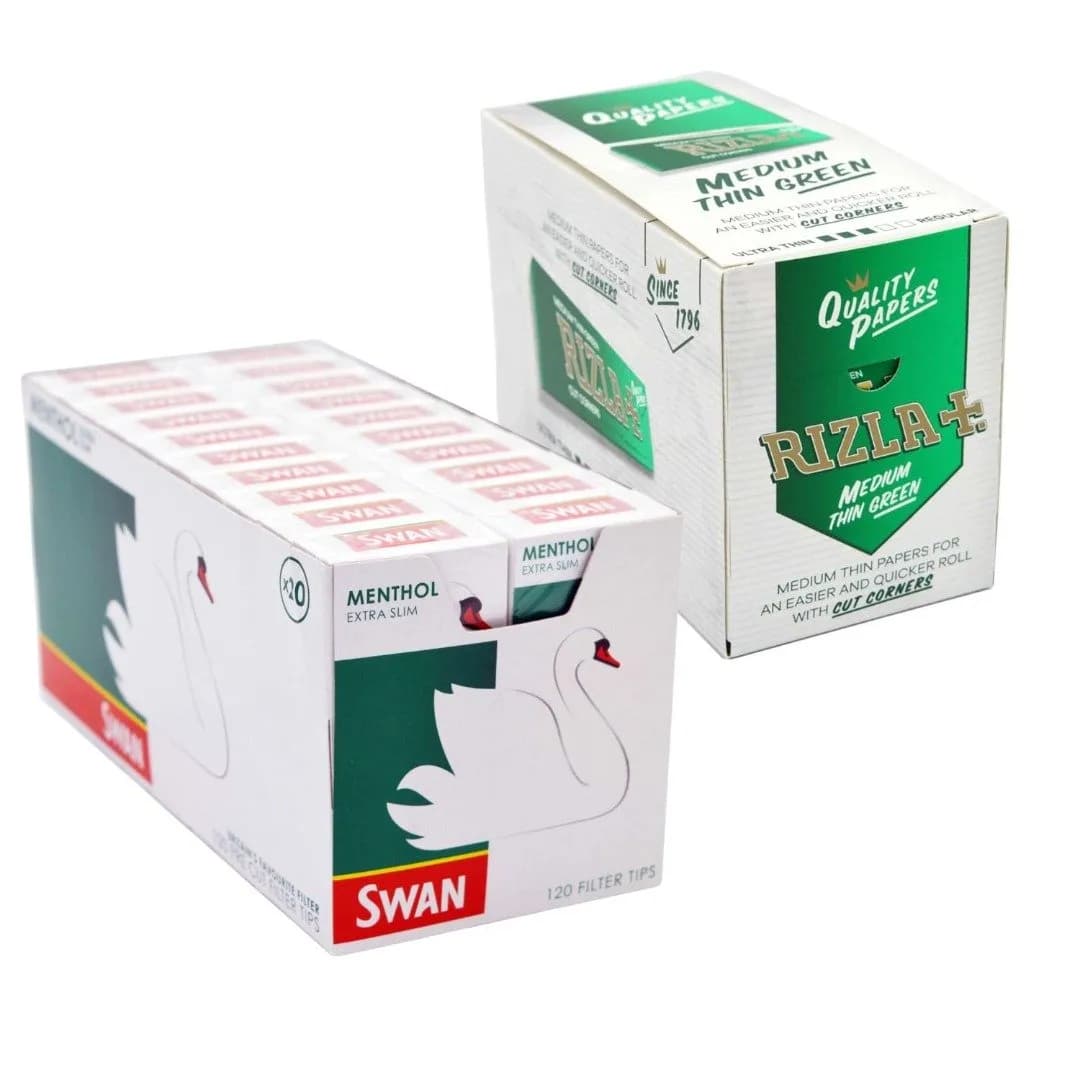 Full Box Of Rizla Green and Full Box Of Swan Menthol Extra Slim