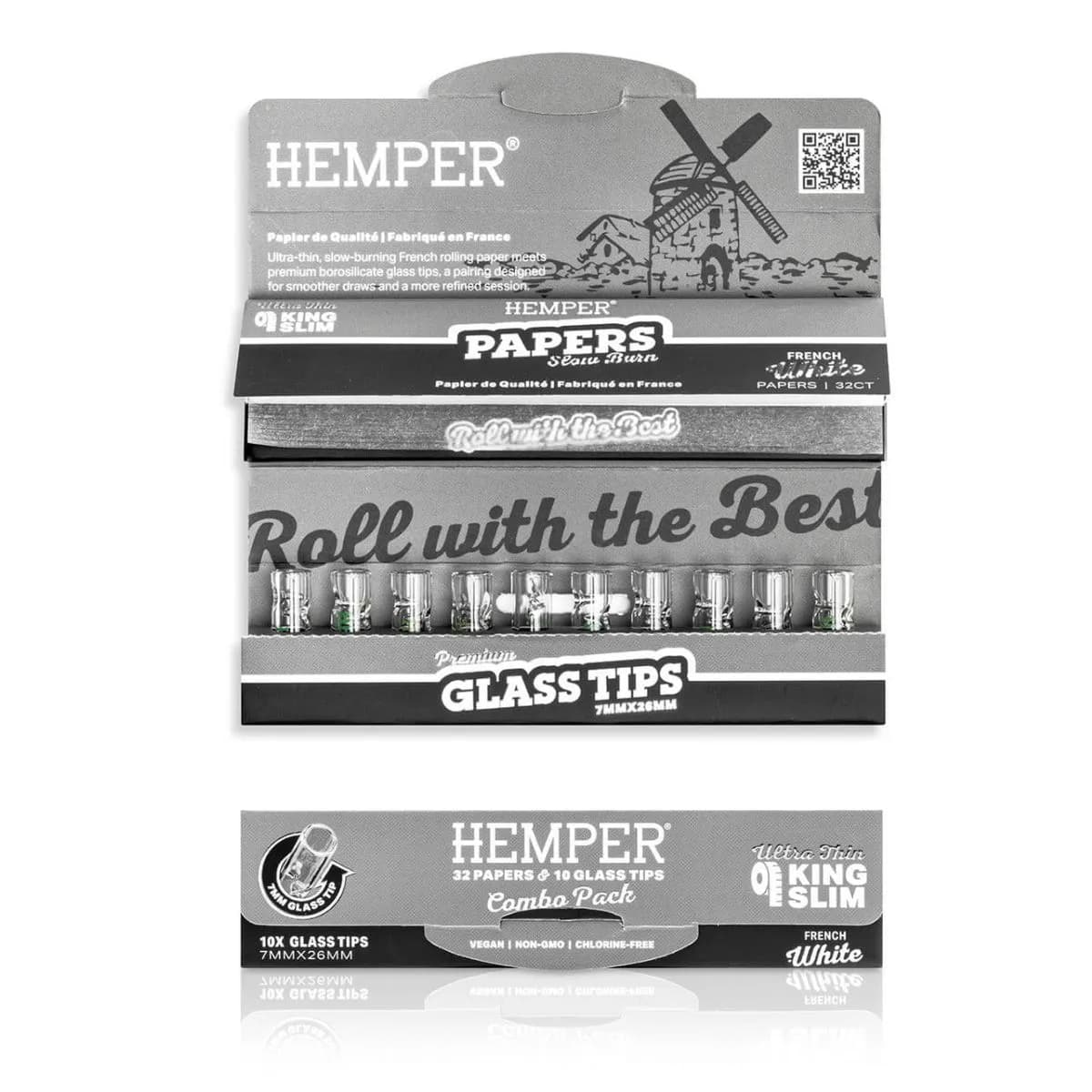 Hemper King Size Classic White Rolling Papers & 7mm Glass Filter Tip Set