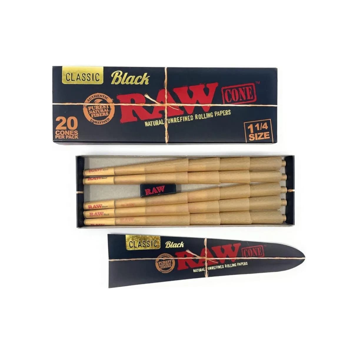 RAW Black 1 ¼ Size Pre-Rolled Cones | Ultra-Thin 20-Pack