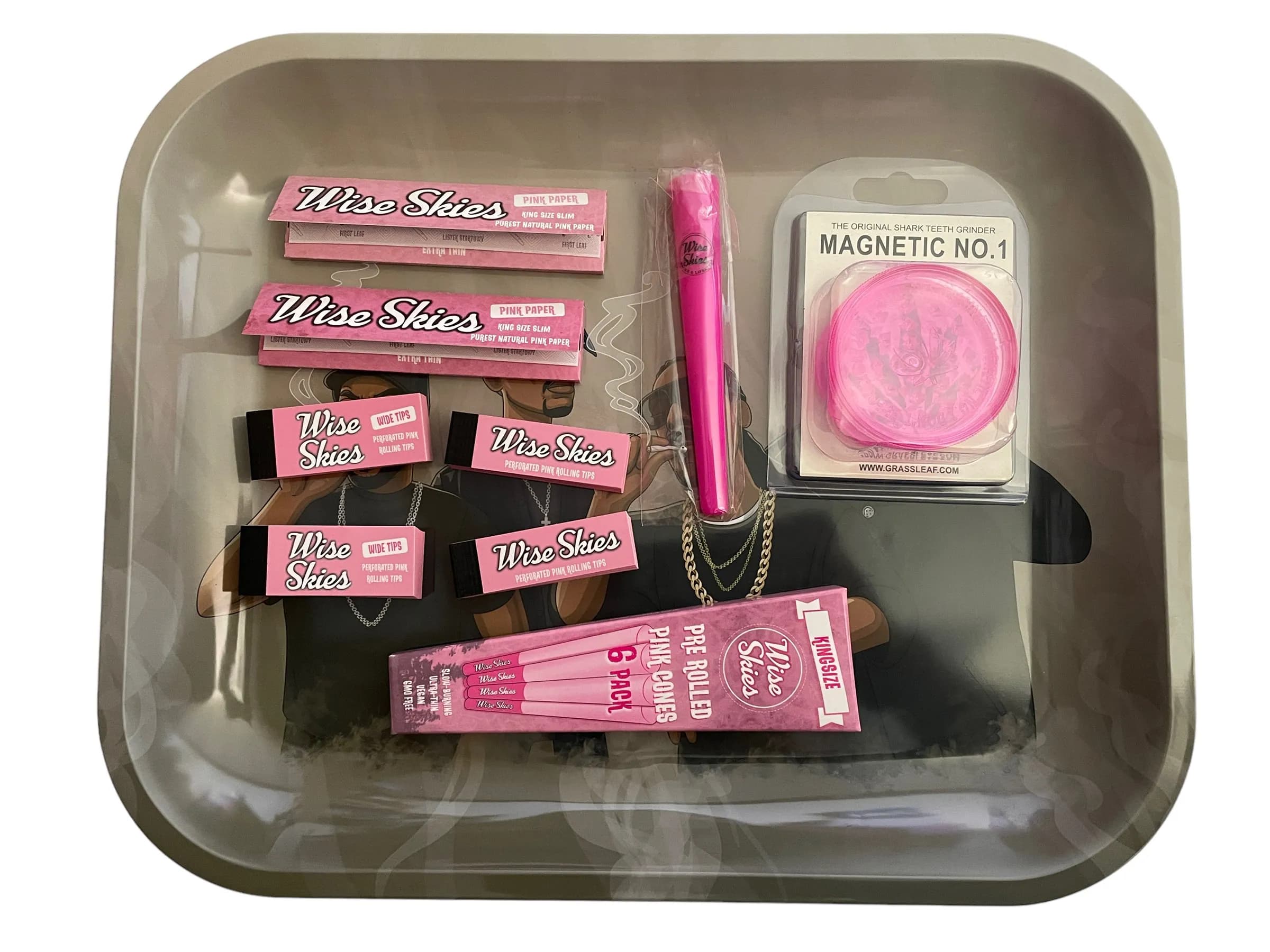 Wise Skies Rappers Large Pink Rolling Tray Set With Papers, Tips, Cones & More